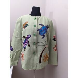 Vintage Daniel K 100% Cotton Light Green Jacket with Fish Sea Embroidery Size L